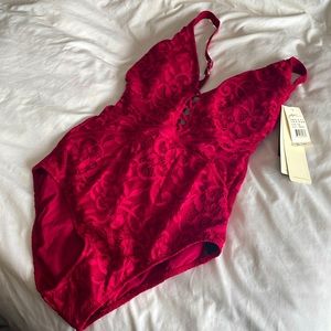 Gottex lace faux corset in ruby (burgundy red) one piece swimsuit size 10 D cup